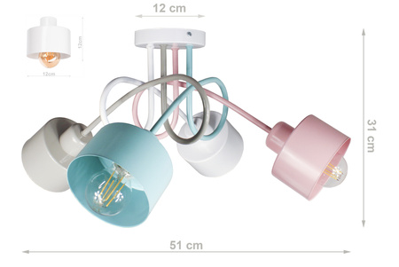 Lampa sufitowa EDISON LOFT 4 róż-mięta-biały-szary